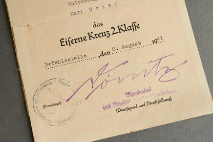 Dönitz signed Kriegsmarine "das Eiserne Kreuz 2. Klasse" Urkunde. Rare. Original.