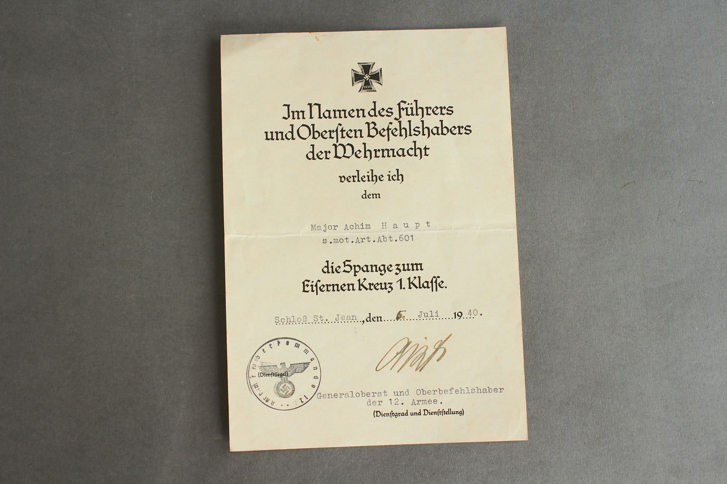 Wiederholungsspange "die Spange zum Eisernes Kreuz 1. Klasse" Urkunde. Original.