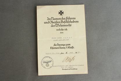 Wiederholungsspange "die Spange zum Eisernes Kreuz 1. Klasse" Urkunde. Original.