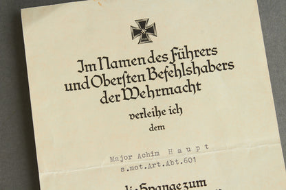 Wiederholungsspange "die Spange zum Eisernes Kreuz 1. Klasse" Urkunde. Original.