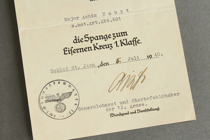 Wiederholungsspange "die Spange zum Eisernes Kreuz 1. Klasse" Urkunde. Original.
