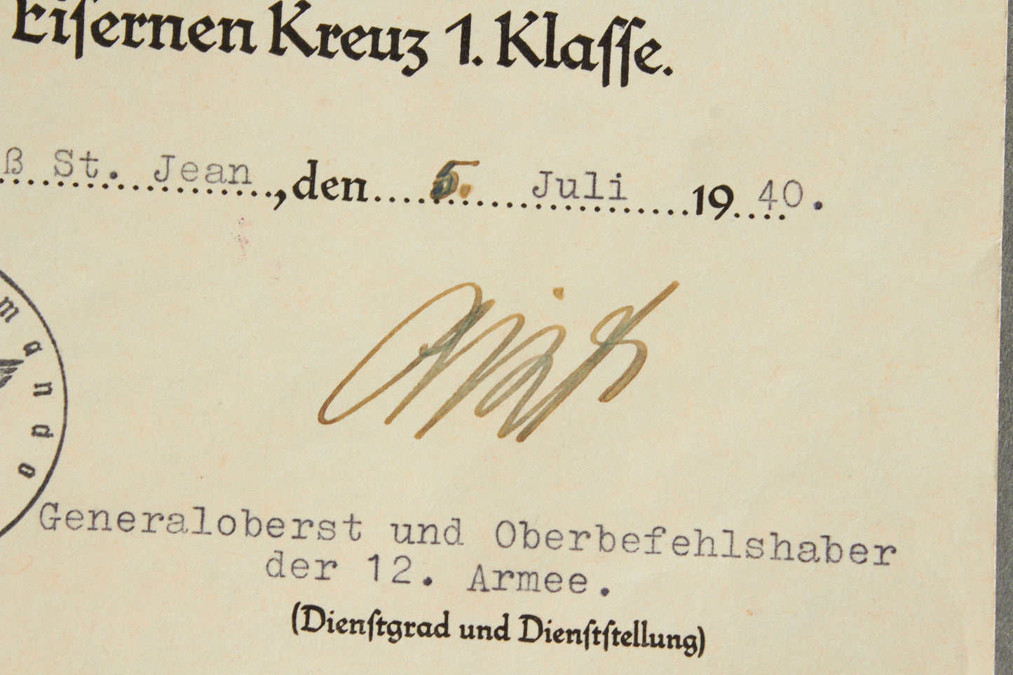 Wiederholungsspange "die Spange zum Eisernes Kreuz 1. Klasse" Urkunde. Original.