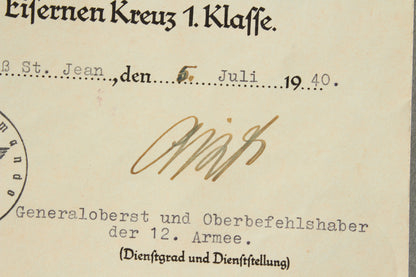 Wiederholungsspange "die Spange zum Eisernes Kreuz 1. Klasse" Urkunde. Original.