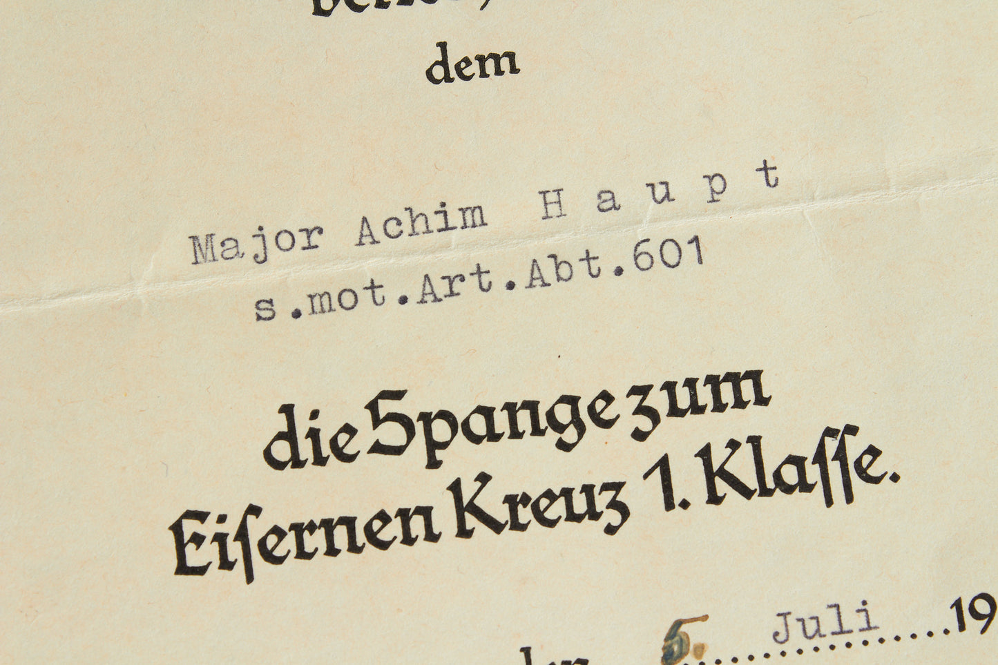 Wiederholungsspange "die Spange zum Eisernes Kreuz 1. Klasse" Urkunde. Original.