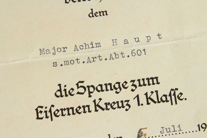Wiederholungsspange "die Spange zum Eisernes Kreuz 1. Klasse" Urkunde. Original.
