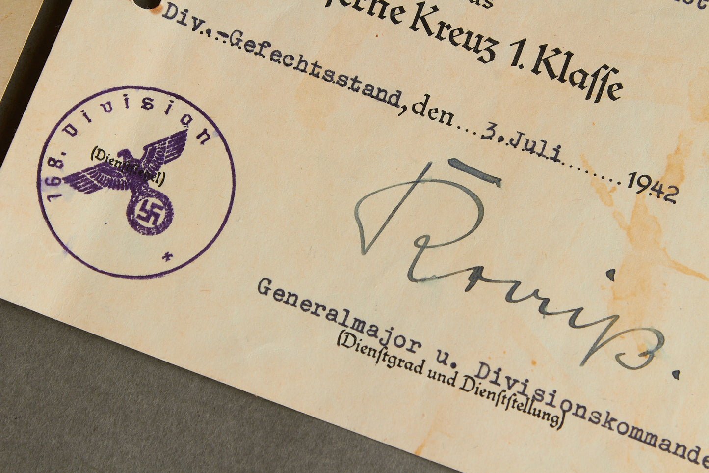Wehrmacht Urkunde Grouping. Iron Cross 1. Class is signed by Dietrich Kraiss. Original.