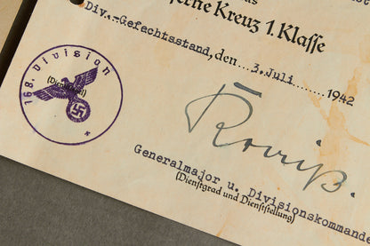 Wehrmacht Urkunde Grouping. Iron Cross 1. Class is signed by Dietrich Kraiss. Original.