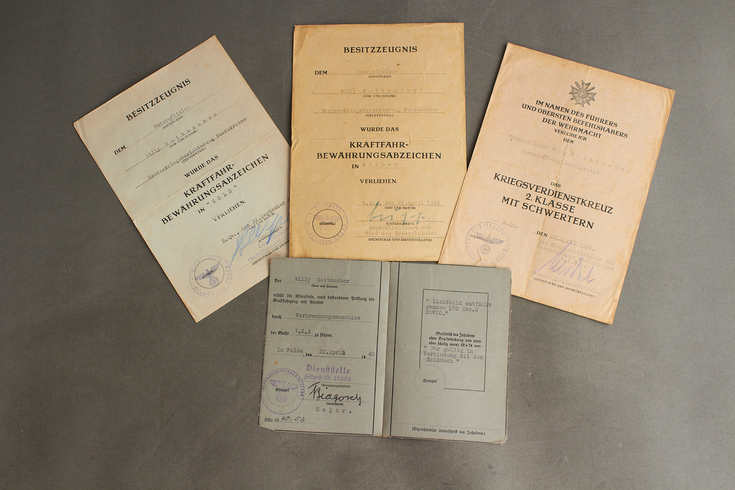 Wehrmacht "Kraftfahrbewährungsabzeichen" Urkunde Grouping. Original.