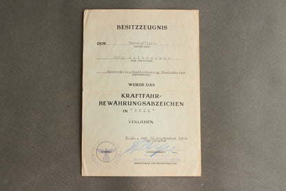Wehrmacht "Kraftfahrbewährungsabzeichen" Urkunde Grouping. Original.
