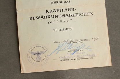 Wehrmacht "Kraftfahrbewährungsabzeichen" Urkunde Grouping. Original.