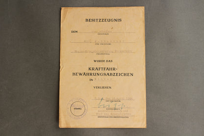 Wehrmacht "Kraftfahrbewährungsabzeichen" Urkunde Grouping. Original.