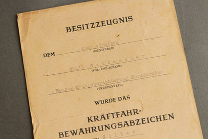 Wehrmacht "Kraftfahrbewährungsabzeichen" Urkunde Grouping. Original.