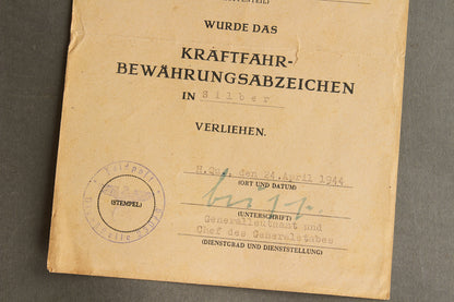 Wehrmacht "Kraftfahrbewährungsabzeichen" Urkunde Grouping. Original.