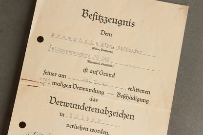 Wound Badge "Verwundetenabzeichen" in Silver Urkunde. Original.