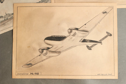 Luftwaffe. 5 Hand-drawn Pictures of Airplanes. Excellent quality and work! Original.