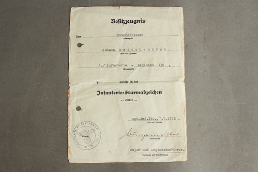 "Infanterie-Sturmabzeichen" in Silver Urkunde. Original.