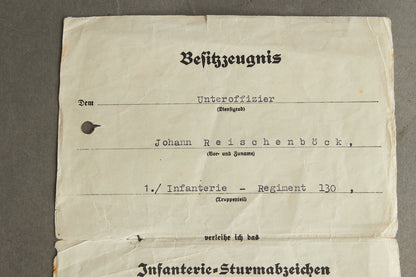 "Infanterie-Sturmabzeichen" in Silver Urkunde. Original.