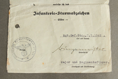 "Infanterie-Sturmabzeichen" in Silver Urkunde. Original.