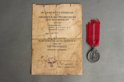 "Winterschlacht im Osten" Medal with Urkunde. Unmarked. Original.