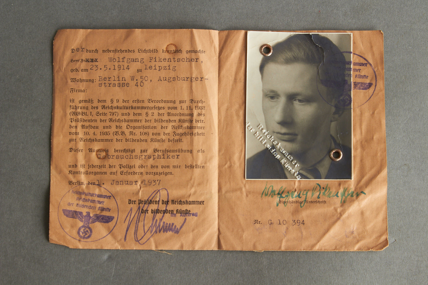 RARE "Reichskulturkammer" "Ausweis" Members identification. Original.