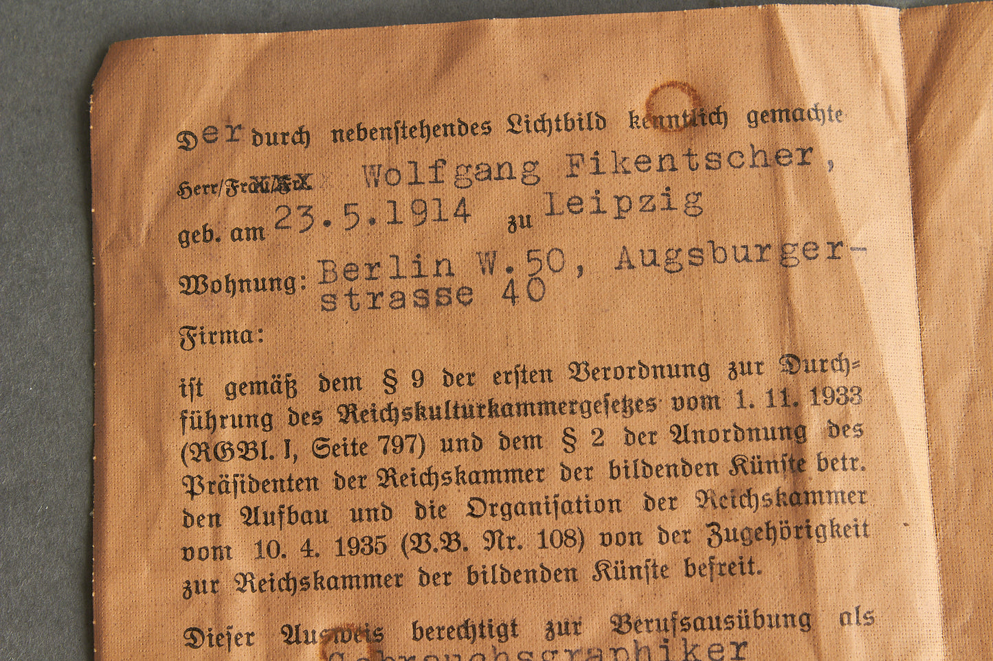 RARE "Reichskulturkammer" "Ausweis" Members identification. Original.