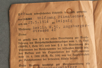RARE "Reichskulturkammer" "Ausweis" Members identification. Original.