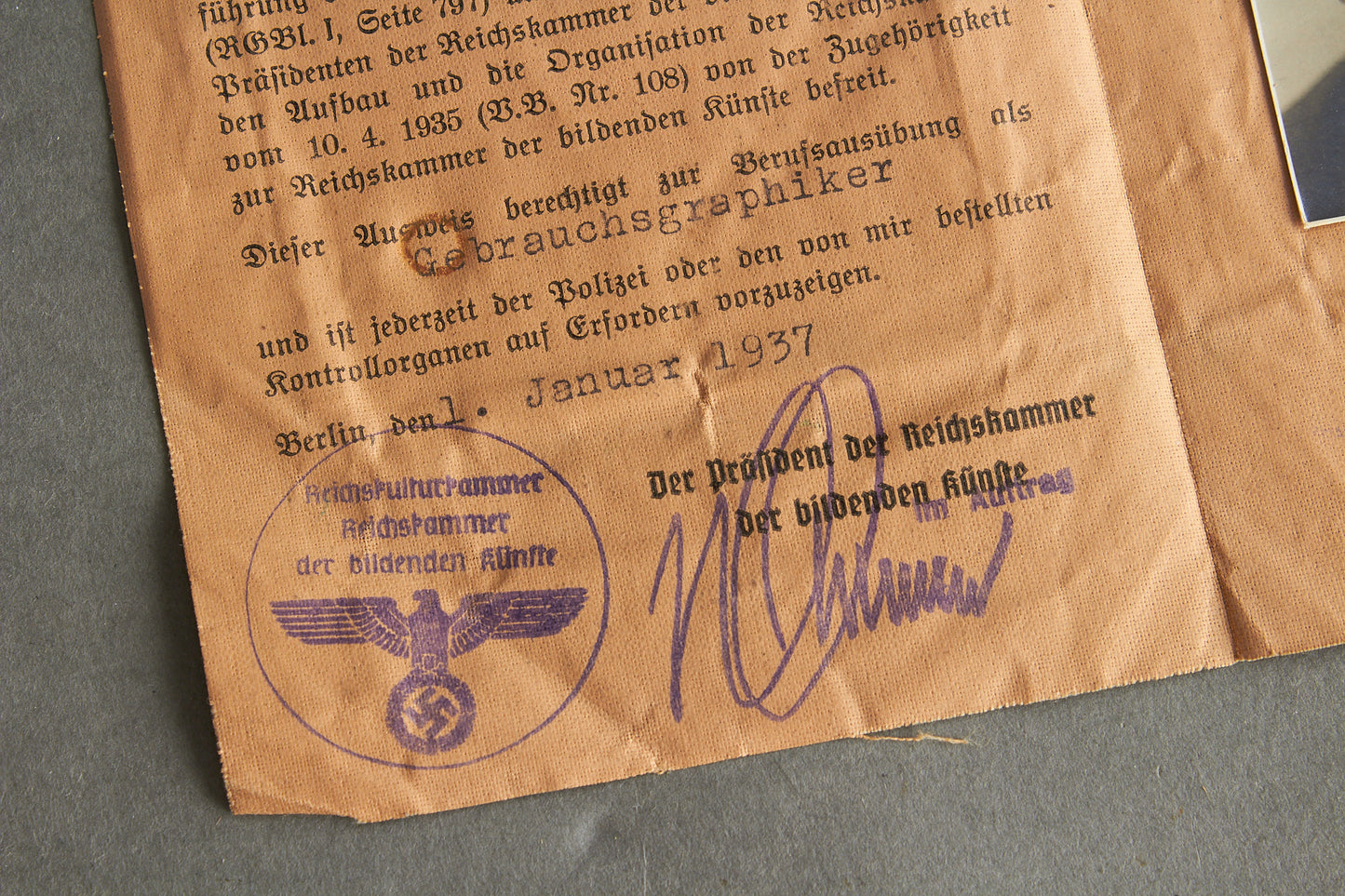 RARE "Reichskulturkammer" "Ausweis" Members identification. Original.