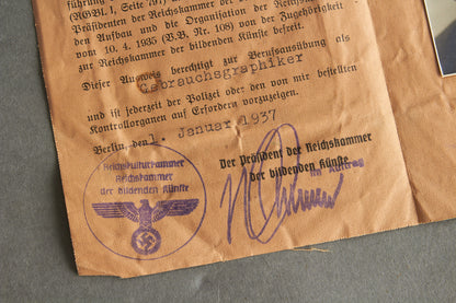 RARE "Reichskulturkammer" "Ausweis" Members identification. Original.