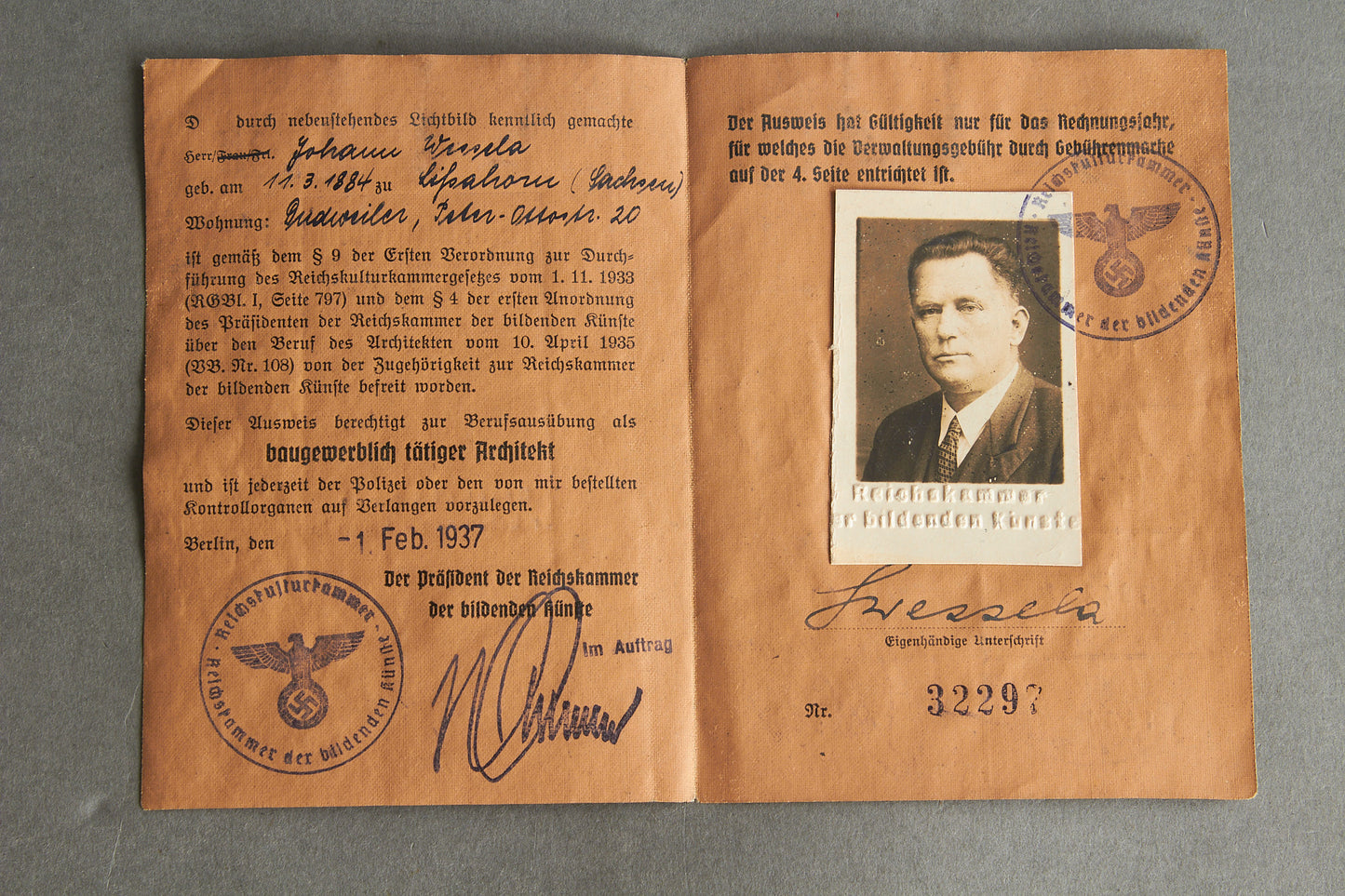 RARE "Reichskulturkammer" "Ausweis" Members identification. Original.