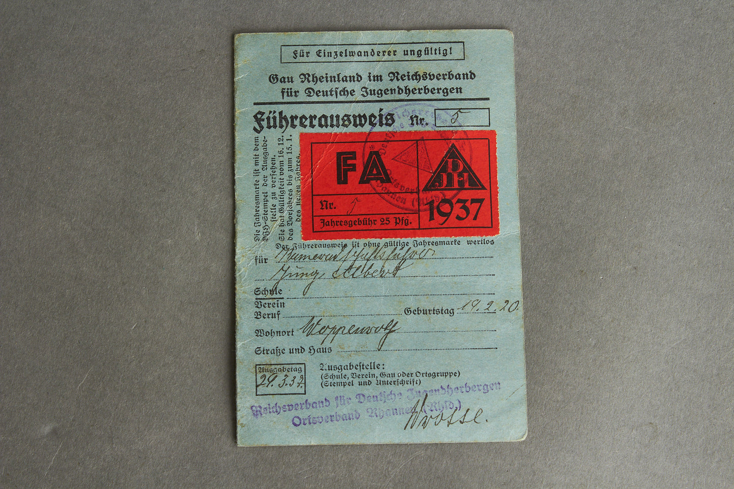 RARE DJH "Reichsverband für Deutsche Jugendherbergen" "Führerausweis" Leaders identification. Original.