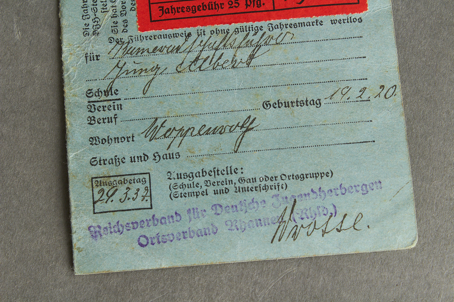 RARE DJH "Reichsverband für Deutsche Jugendherbergen" "Führerausweis" Leaders identification. Original.