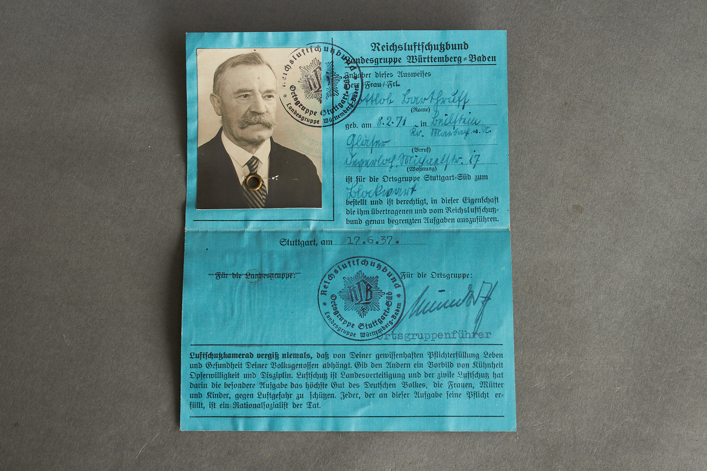 RLB "Reichsluftschutzbund" "Ausweis" Members identification. Rare. Original.