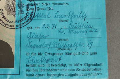 RLB "Reichsluftschutzbund" "Ausweis" Members identification. Rare. Original.